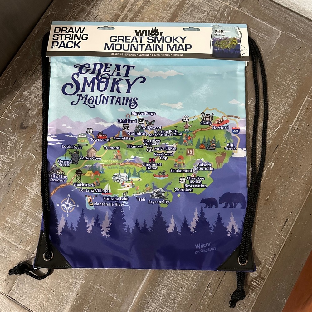 Wilcor Great Smoky Mountain Map Drawstring Pack Blue Cinch Closure Souvenir NWT